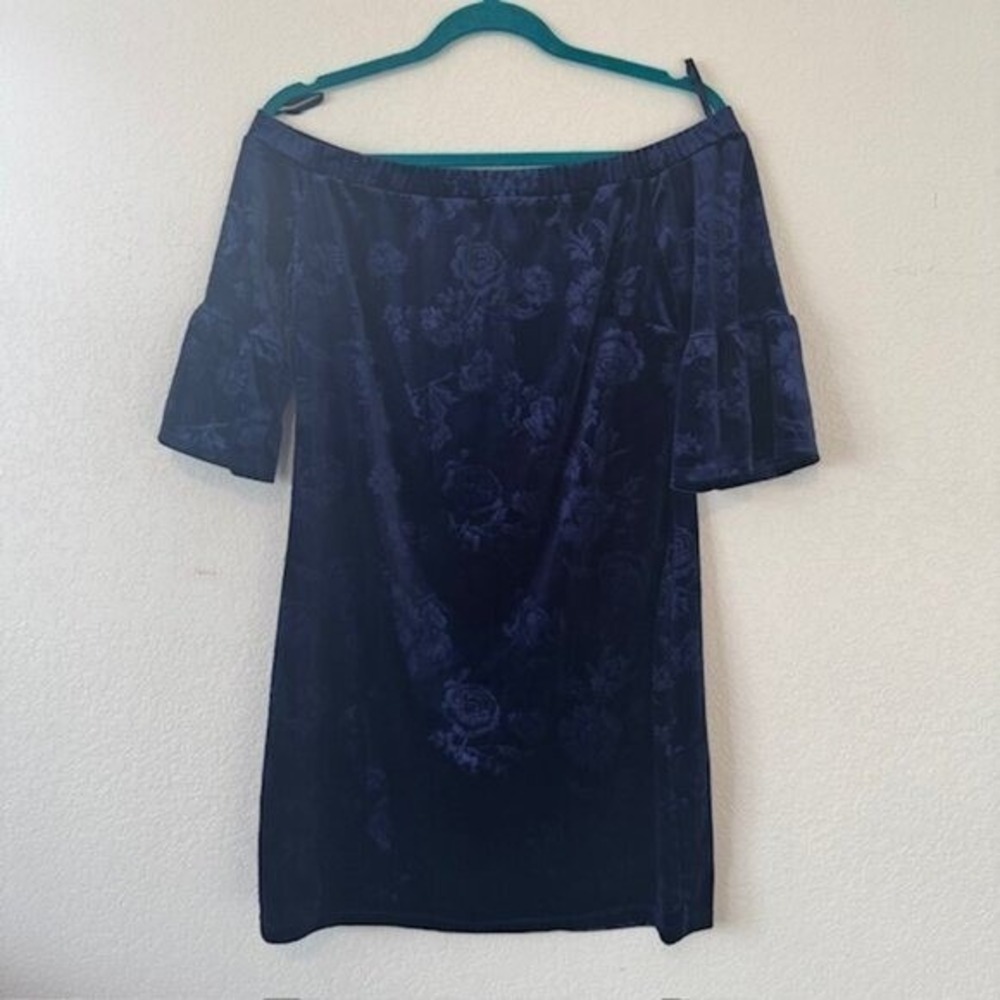 90's VINTAGE Velvet Dress‎ Women L Navy Blue Floral Off Shoulder Bell Sleeve